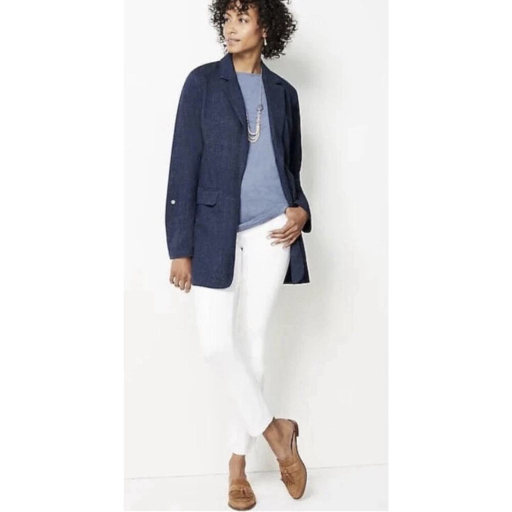 J. Jill Blue Slat Open Front Roll Tab Sleeve‎ Blazer Jacket Size Large Preppy - Picture 2 of 10